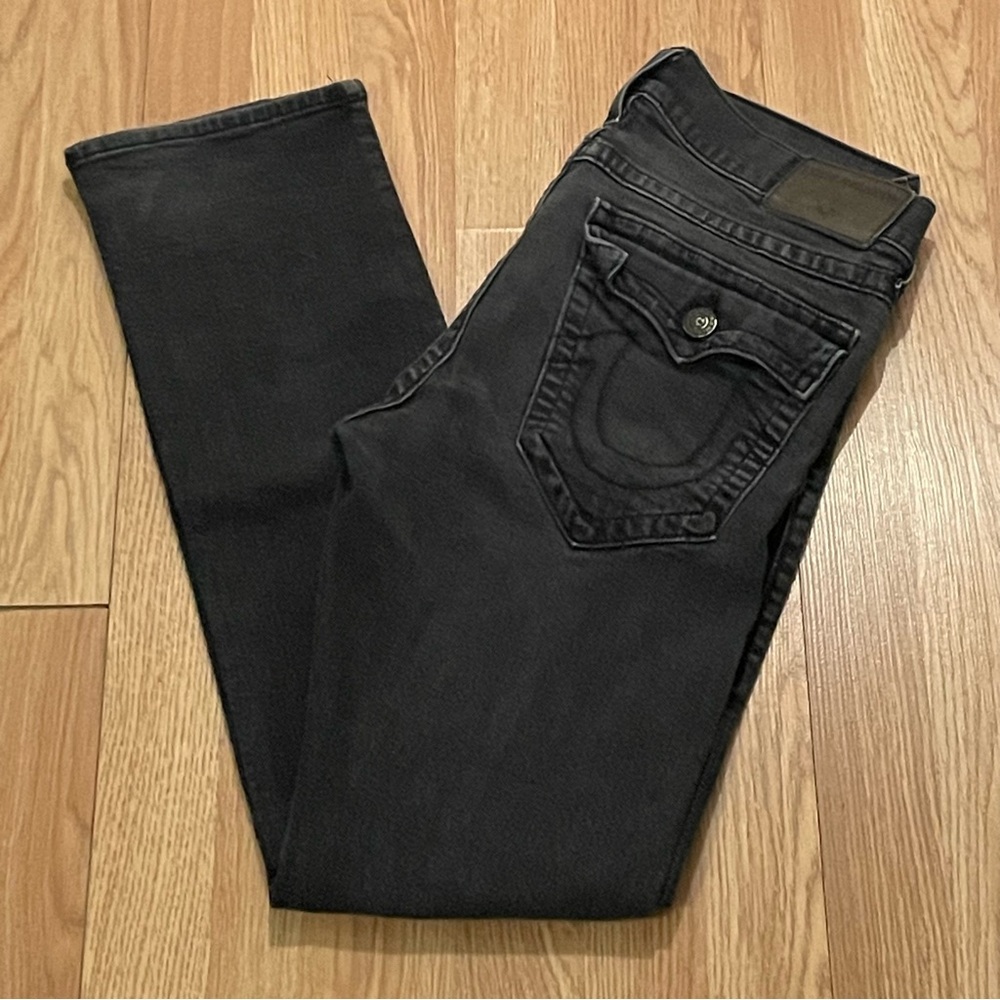 True Religion Ricky Men 34 (33x32) Relaxed Straight Jeans Black Denim Back Flaps